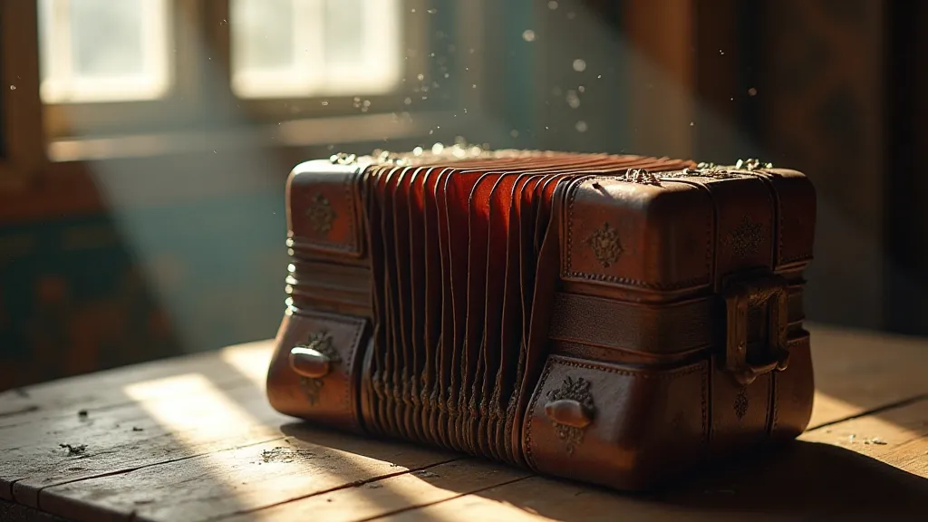 Antique accordion on a wooden table