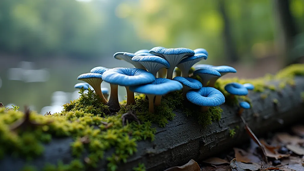 Blue oyster mushrooms growing on a log