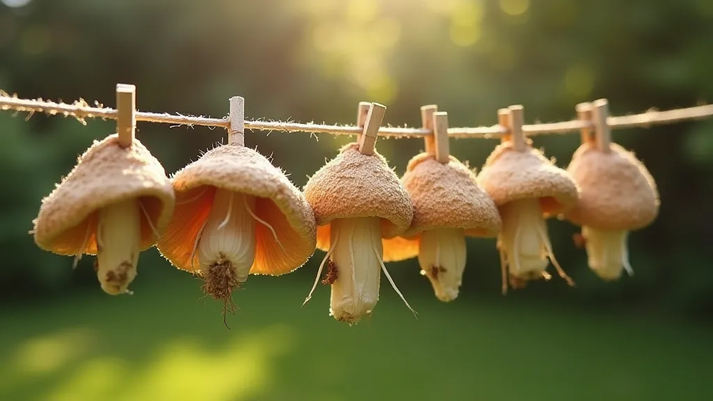 Mushrooms drying on a clothesline