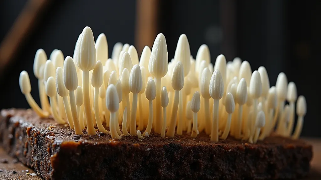 Enoki mushrooms fruiting on a block