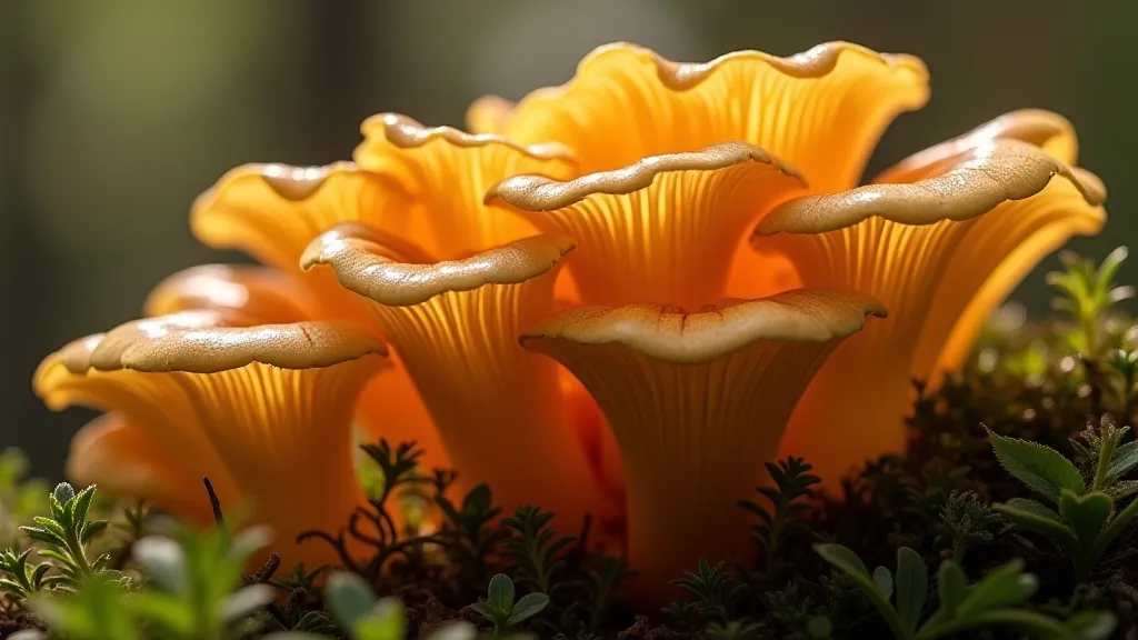 Cascading cluster of Golden Oyster mushrooms