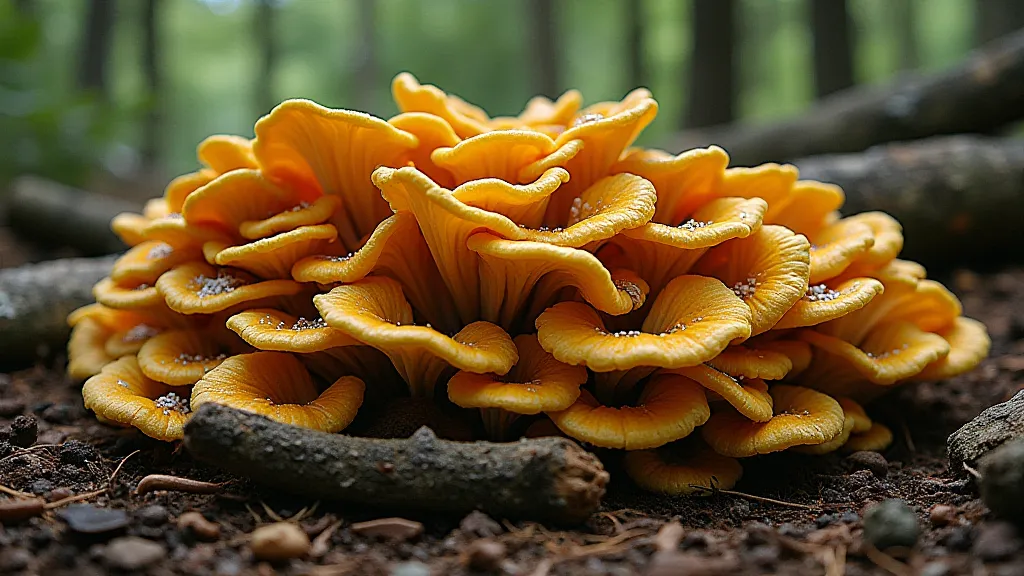 Golden Oyster mushrooms growing on logs