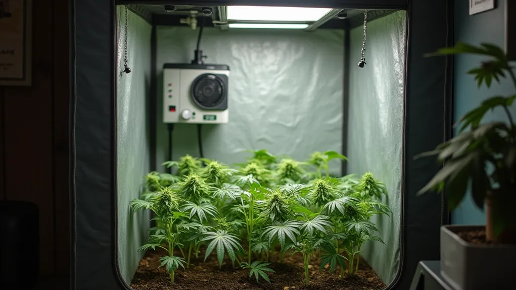 Mushroom grow tent setup with humidifier and LED light