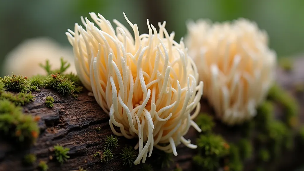 Lion's Mane mushrooms growing on a log