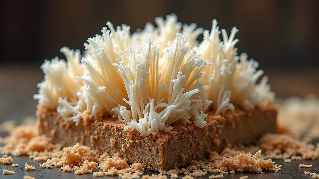 Mycelium growing on sawdust block