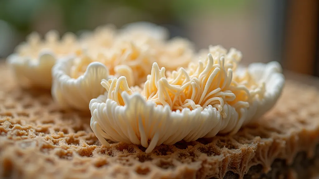 Lion's Mane mushrooms growing on a block