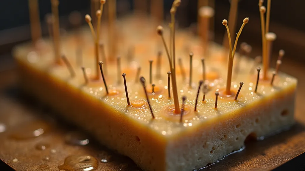 Tiny mushroom pins emerging from the surface of a pre-inoculated block.