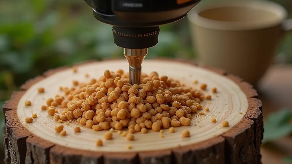 Shiitake spawn being inserted into a drilled hole in an oak log