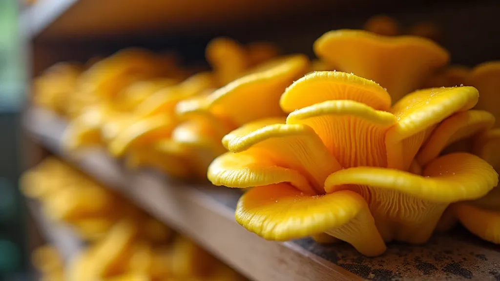Yellow oyster mushrooms growing on a shelf